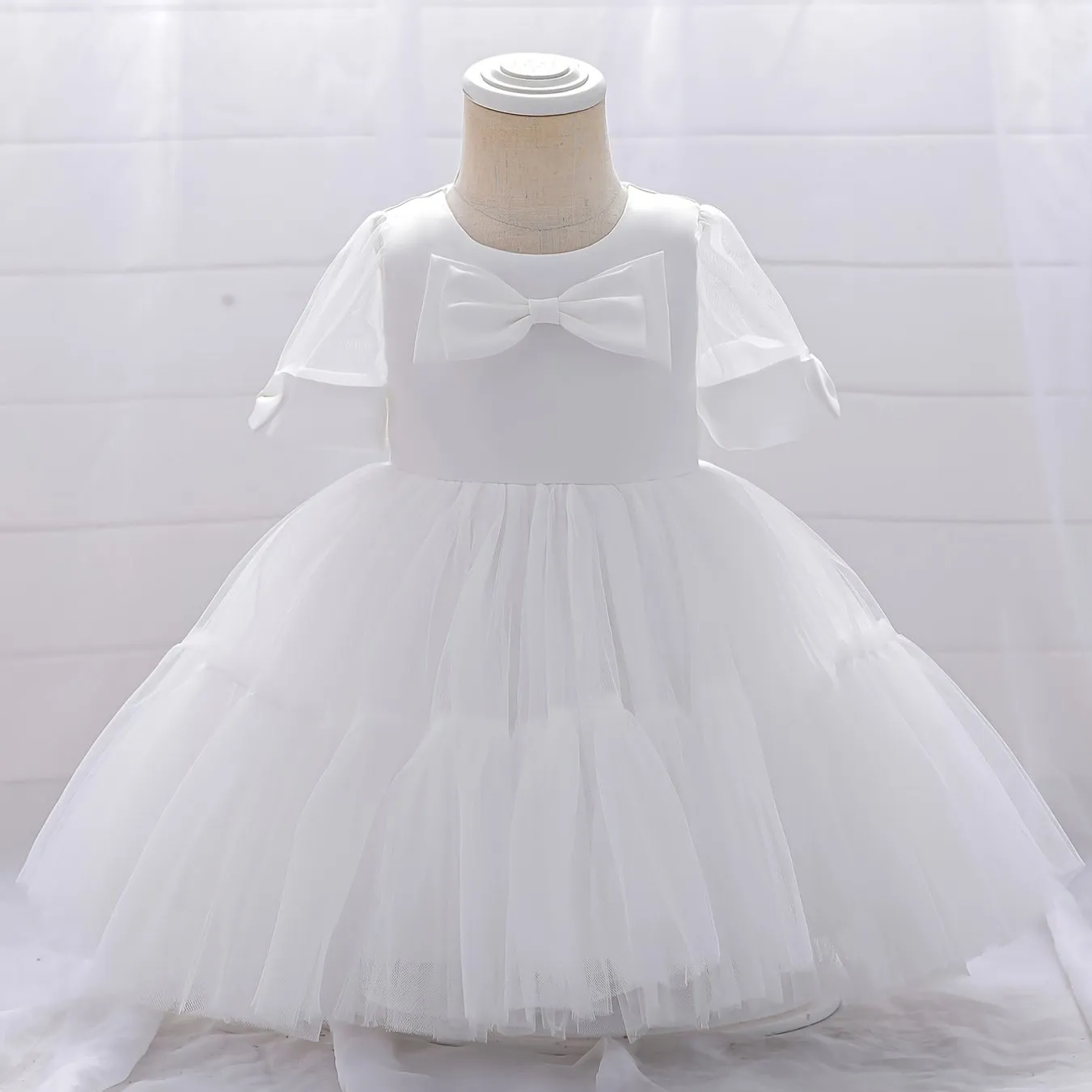 Girls Elegant Bowknot Decor Short Sleeve Mesh Princess Dress Clothes