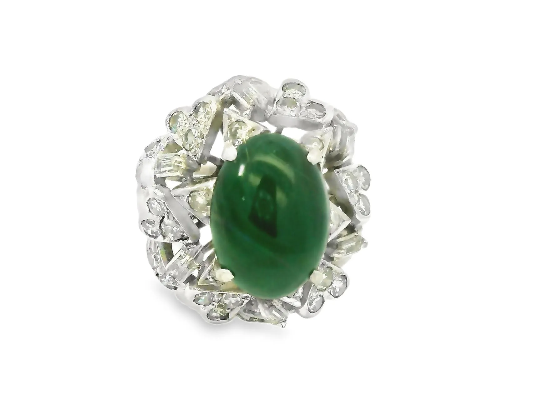 Gorgeous Estate 14K White Gold Baguette Diamond Jade Ring
