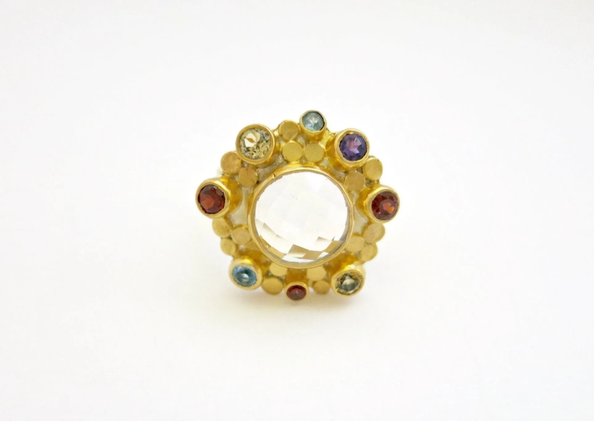 Gorgeous, faceted rock crystal and multi-color gemstones ring