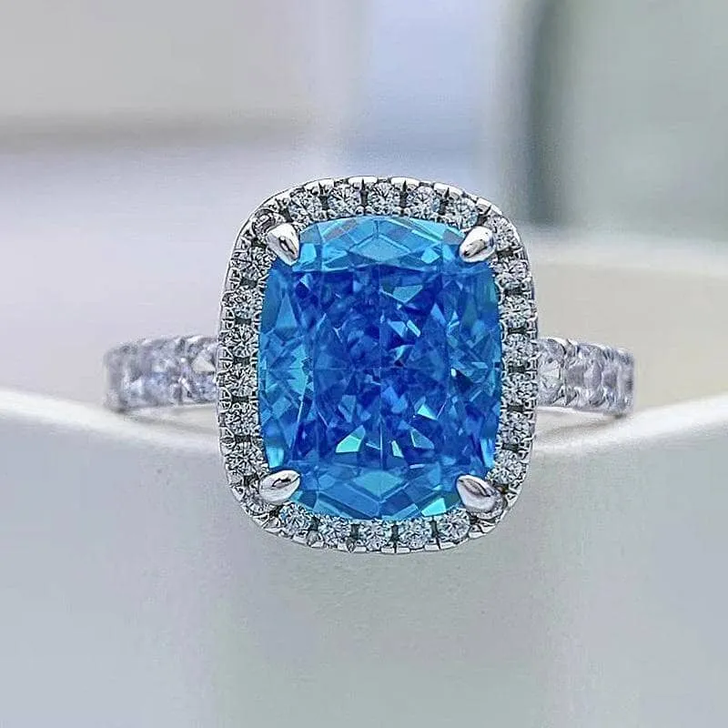 Gorgeous Halo Cushion Cut Aquamarine Blue Engagement Ring