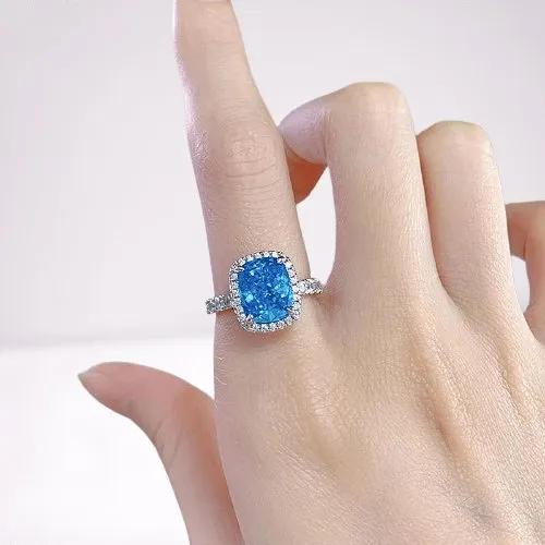 Gorgeous Halo Cushion Cut Aquamarine Blue Engagement Ring