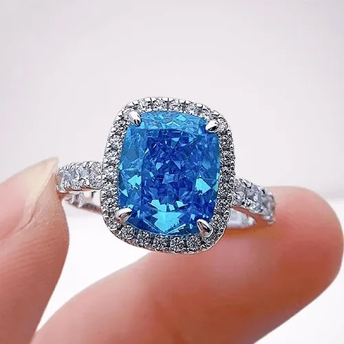 Gorgeous Halo Cushion Cut Aquamarine Blue Engagement Ring