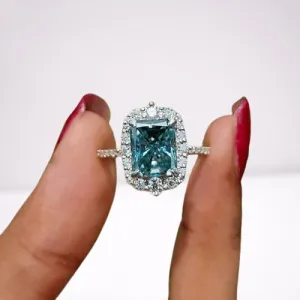 Gorgeous Halo Radiant Cut Cyan Blue Engagement Ring