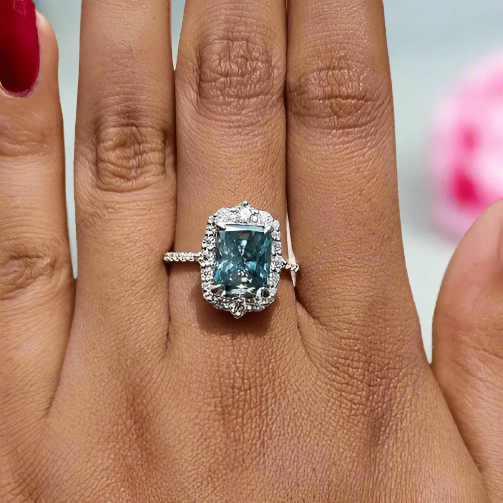 Gorgeous Halo Radiant Cut Cyan Blue Engagement Ring