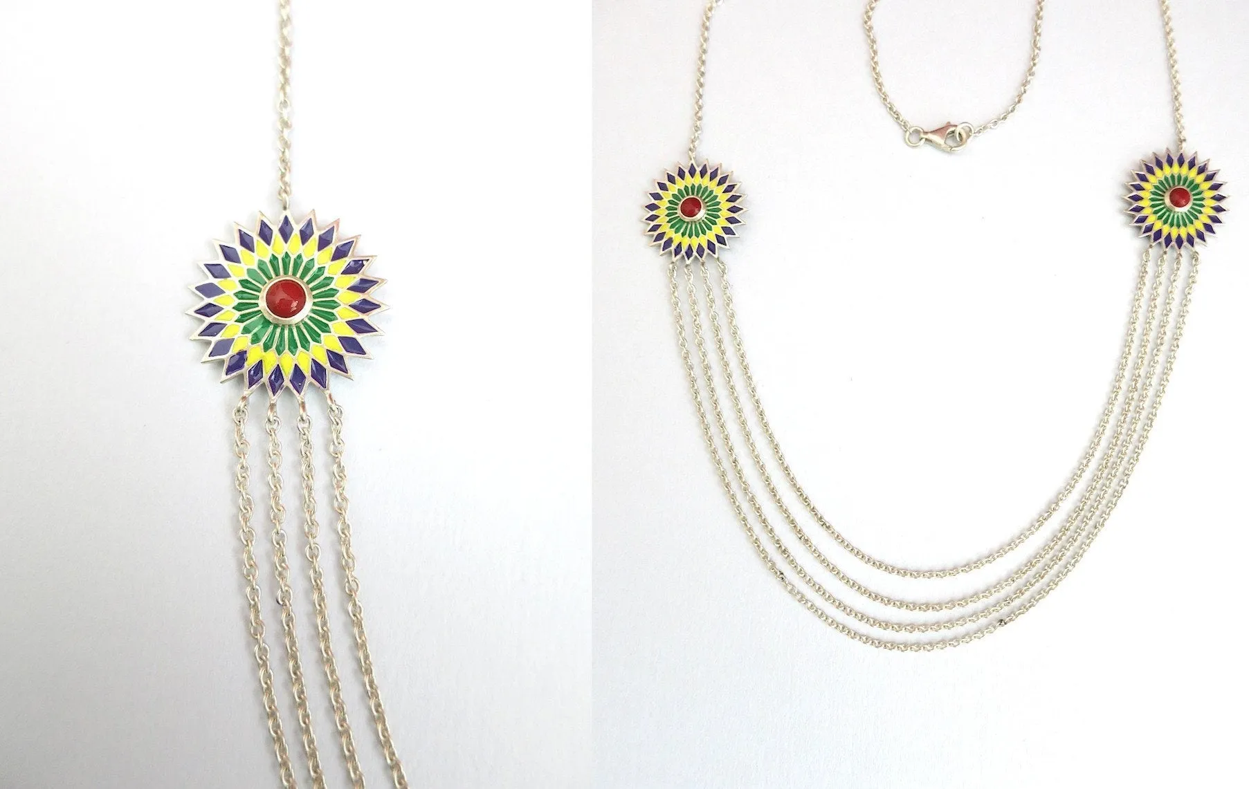 Gorgeous, hand-painted enamel discs with layered chains Himachali necklace