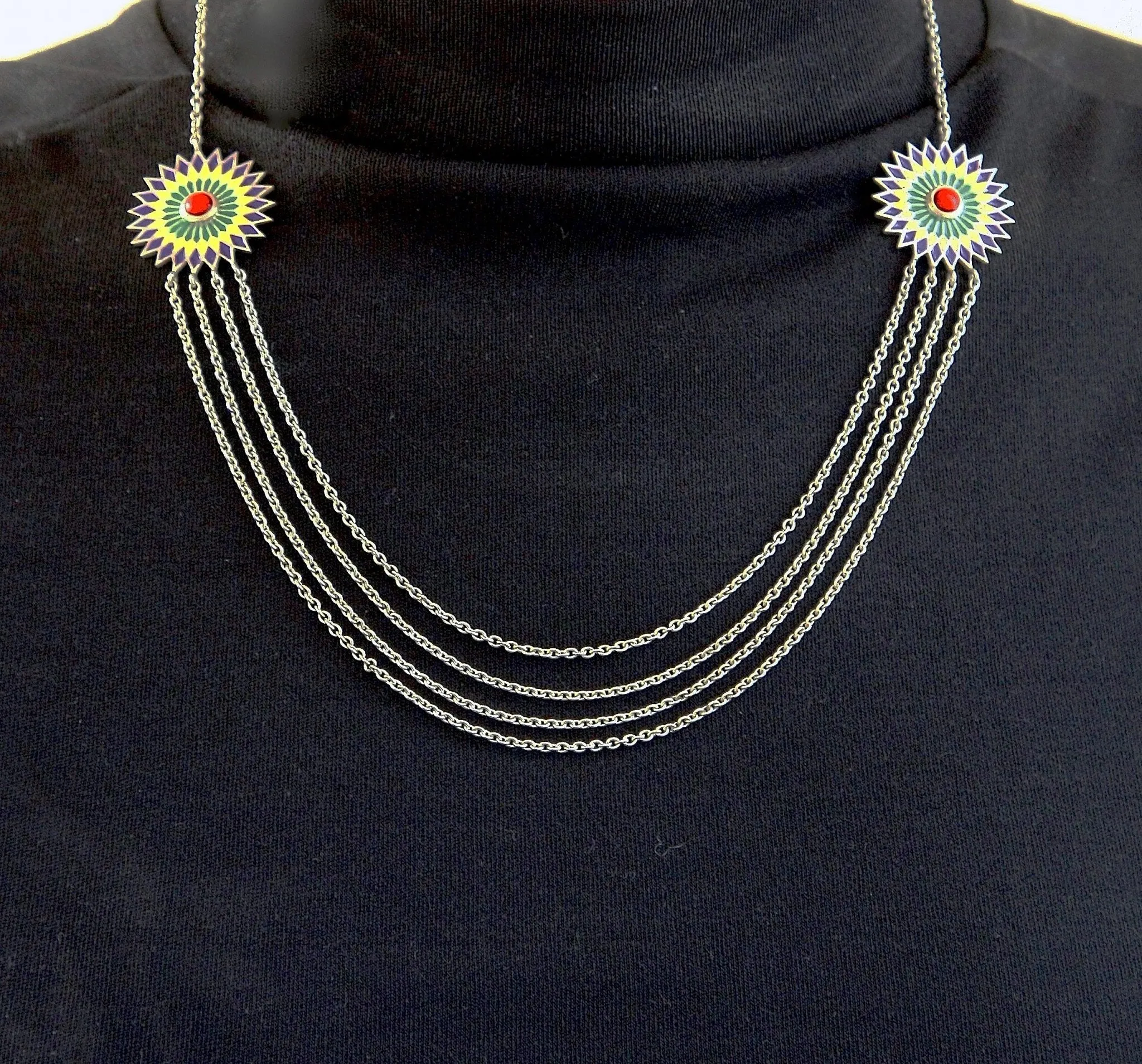 Gorgeous, hand-painted enamel discs with layered chains Himachali necklace