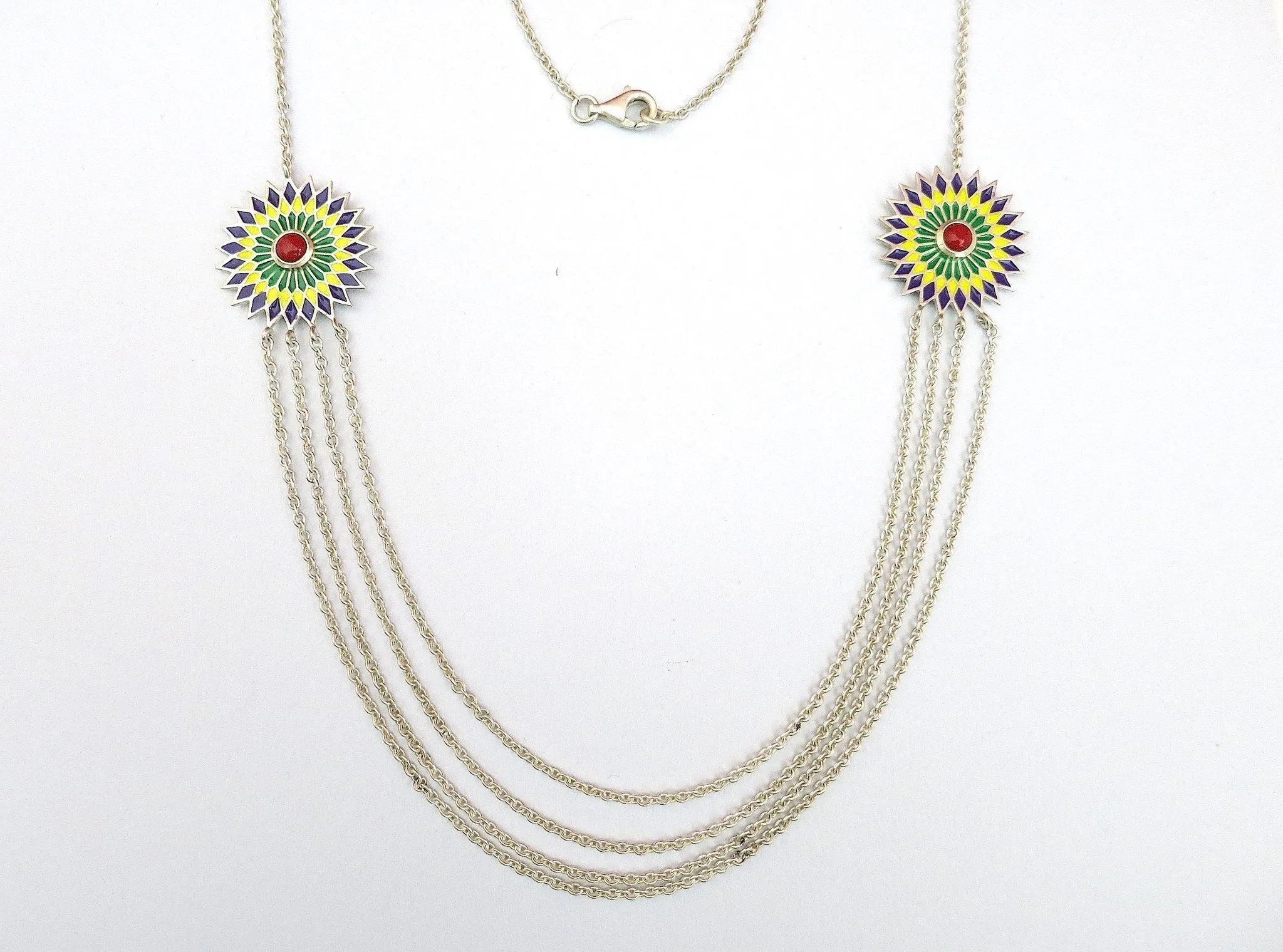 Gorgeous, hand-painted enamel discs with layered chains Himachali necklace