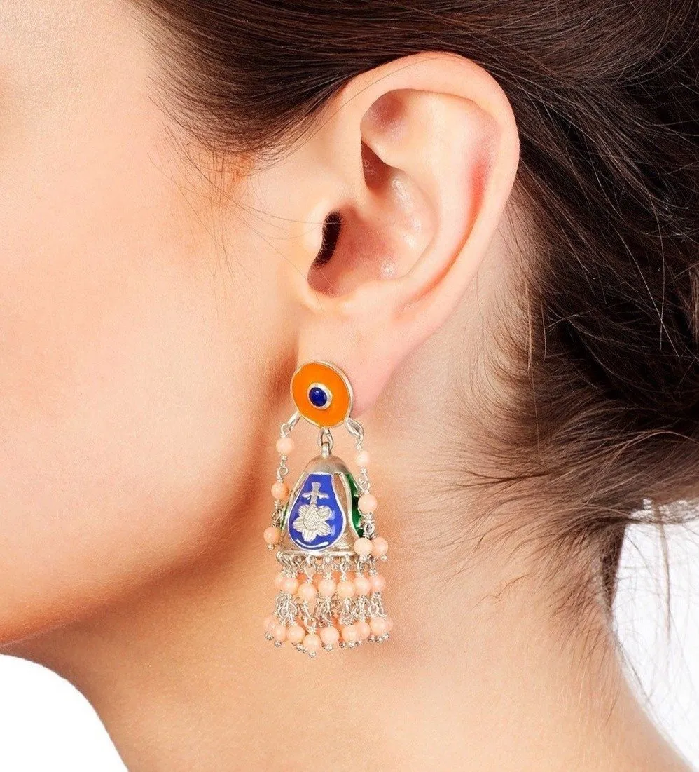 Gorgeous, Himachali enamel jhumka (chandelier earrings) with lapis & pink corals