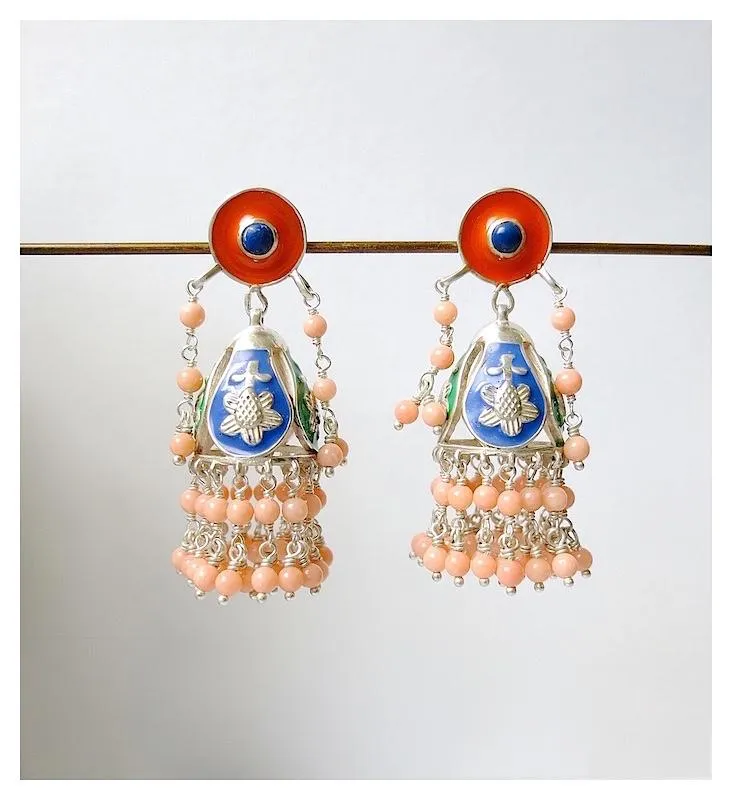 Gorgeous, Himachali enamel jhumka (chandelier earrings) with lapis & pink corals