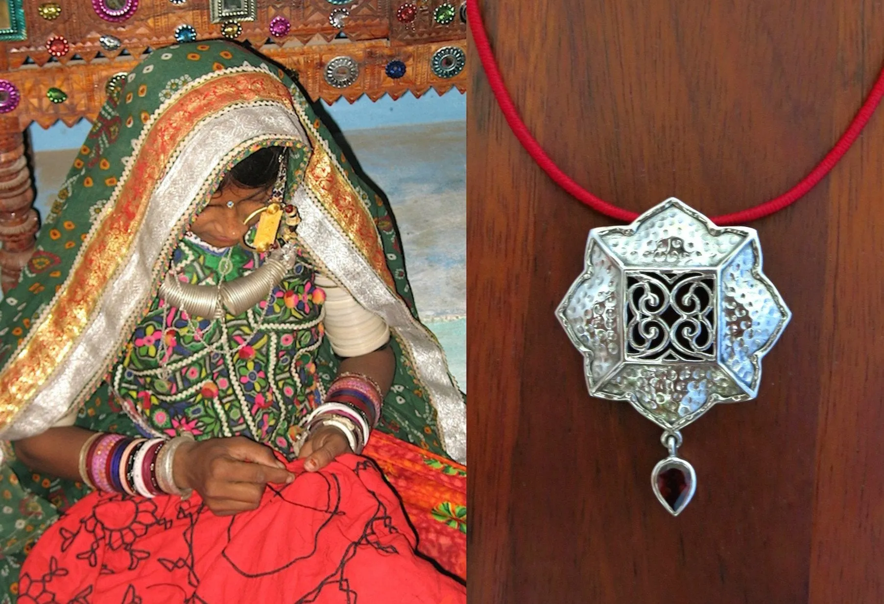 Gorgeous, Kutchi, 8 petal floral hammer finish pendant with jali work & a garnet drop