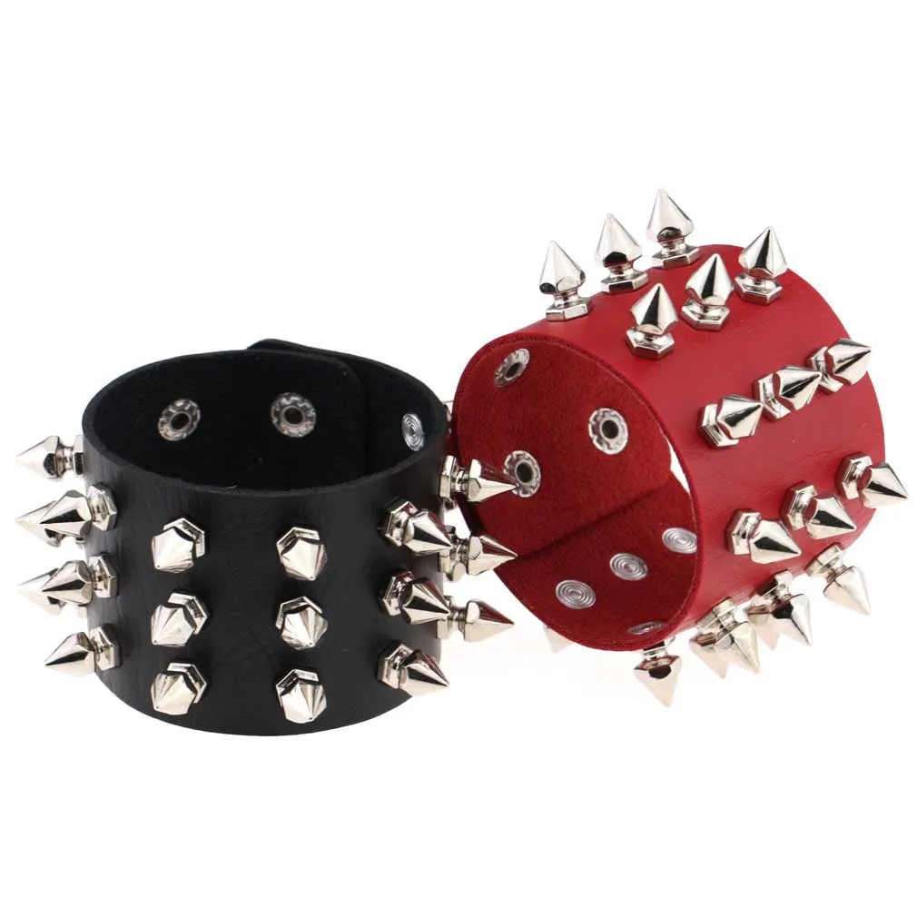 Gothic Delicate Cuspidal Spikes Rivet Leather Bracelets Punk Bracelet for Women Men  red