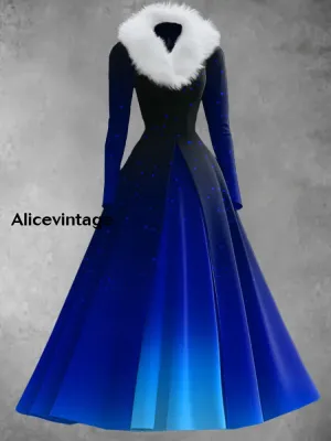 Gradient Art Print Vintage Elegant V-Neck Fur Collar Long Sleeve Midi Dress