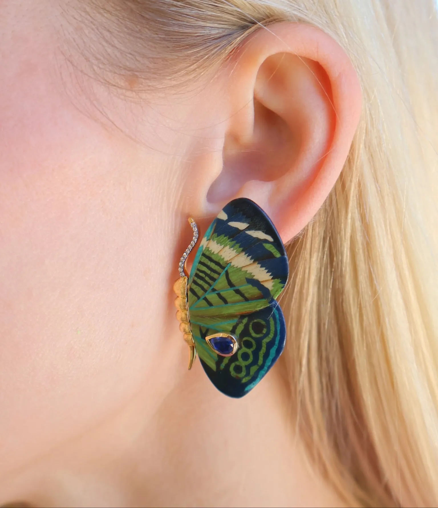 Green & Teal Marquetry Butterfly Earrings with Kyanite
