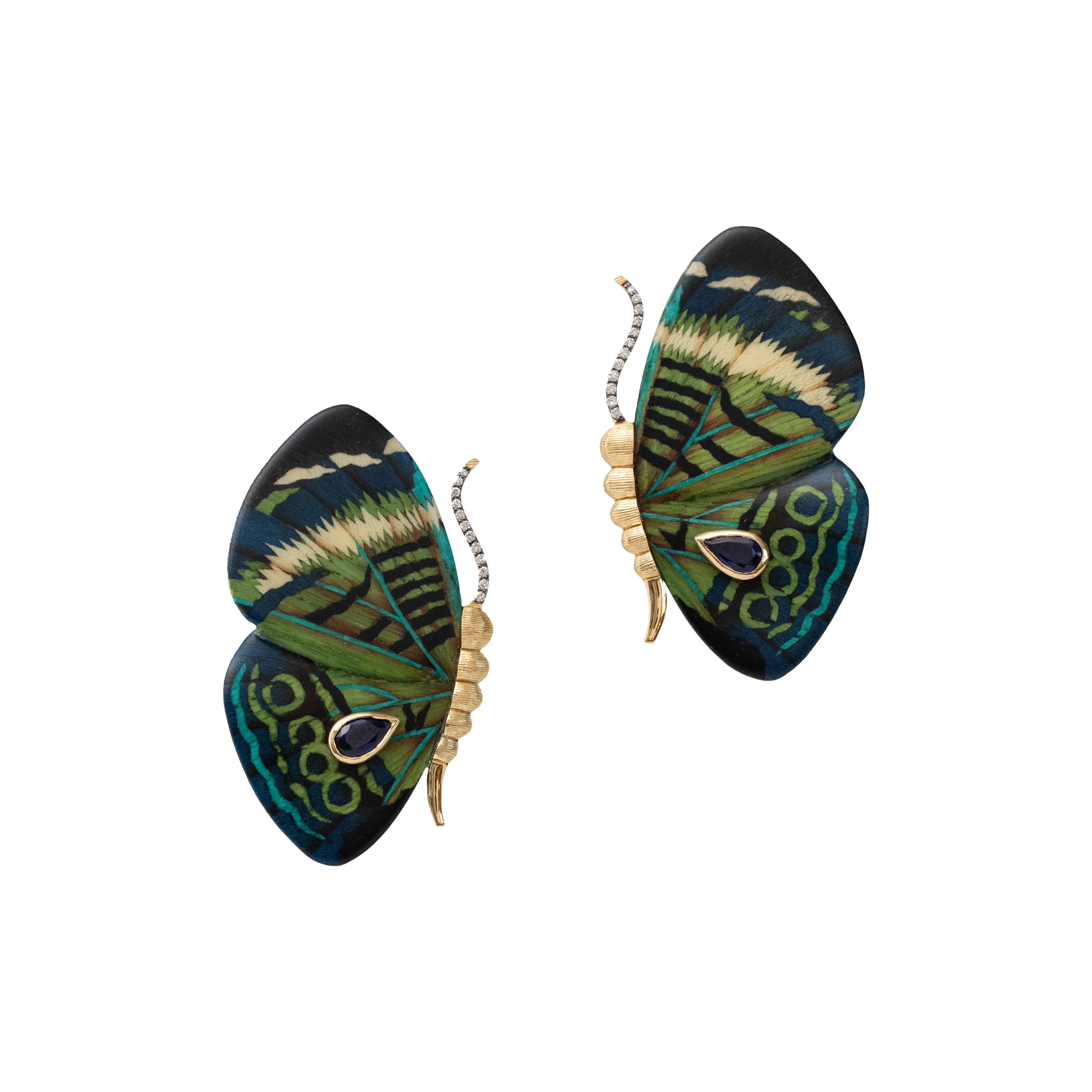 Green & Teal Marquetry Butterfly Earrings with Kyanite