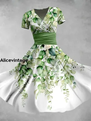 Green Plant Floral Print V-Neck Short Sleeve Midi Dress