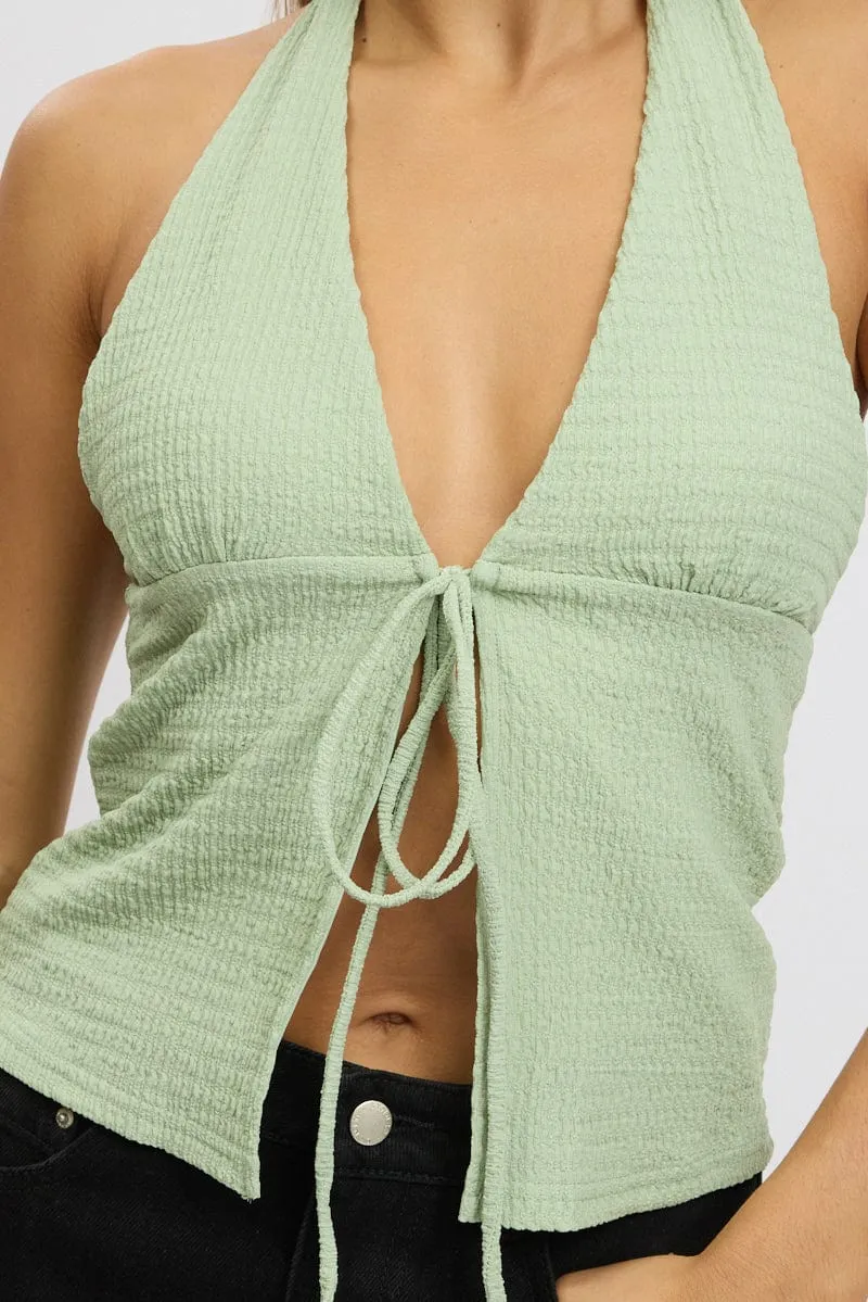 Green Textured Top Halter Neck Tie Up Front