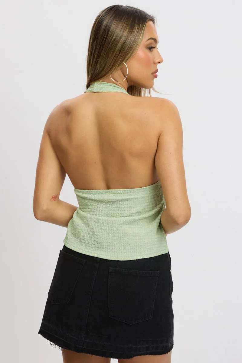 Green Textured Top Halter Neck Tie Up Front