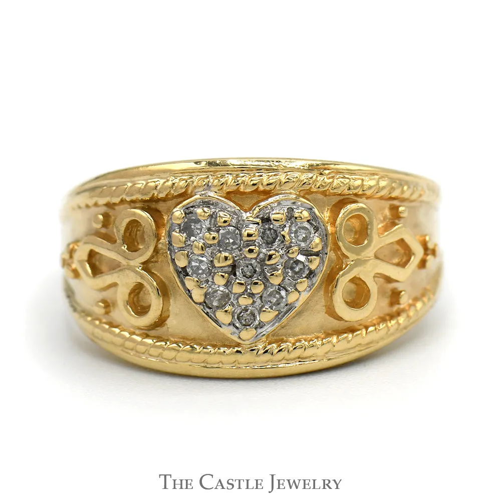 Heart Shaped Diamond Cluster Dome Ring with Scrollwork Sides in 10k Yellow Gold