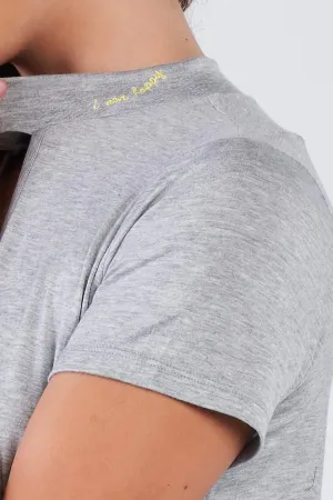 Heather Grey Short Sleeve Open Key Hole "I AM HAPPY" Top