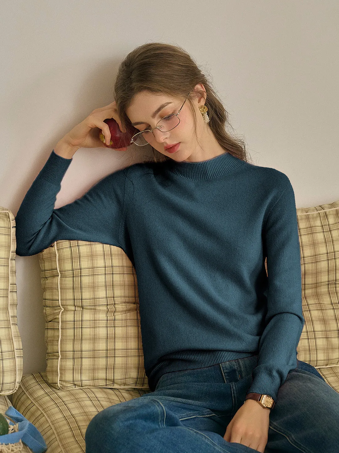 Kamari Mock Neck 100% Wool Slim Fit Knit Sweater-Green