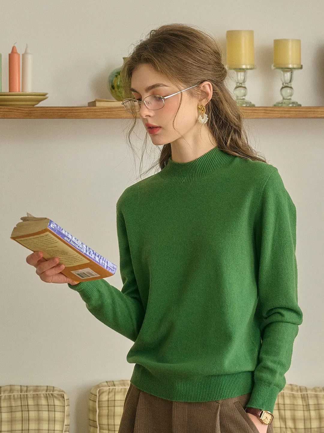 Kamari Mock Neck 100% Wool Slim Fit Knit Sweater-Green