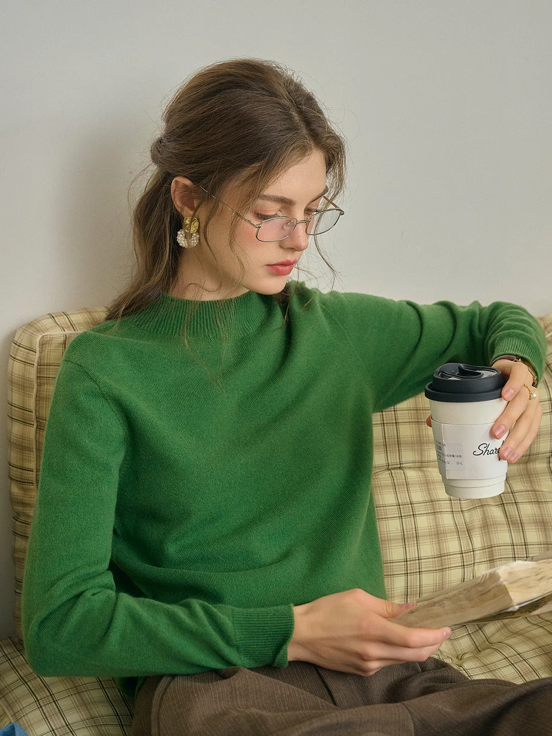 Kamari Mock Neck 100% Wool Slim Fit Knit Sweater-Green