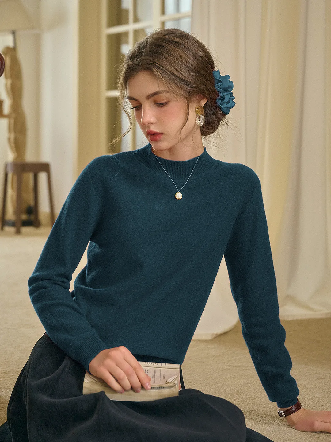 Kamari Mock Neck 100% Wool Slim Fit Knit Sweater-Green