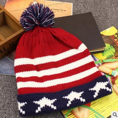 Kids children winter warm hats boys and girls knitted wool puffer Ball hats cap Star design