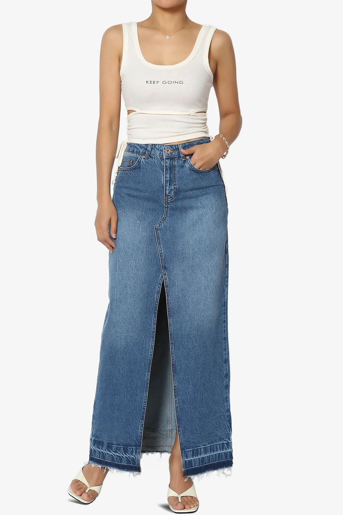 Koton Front Slit Raw Hem Denim Maxi Skirt