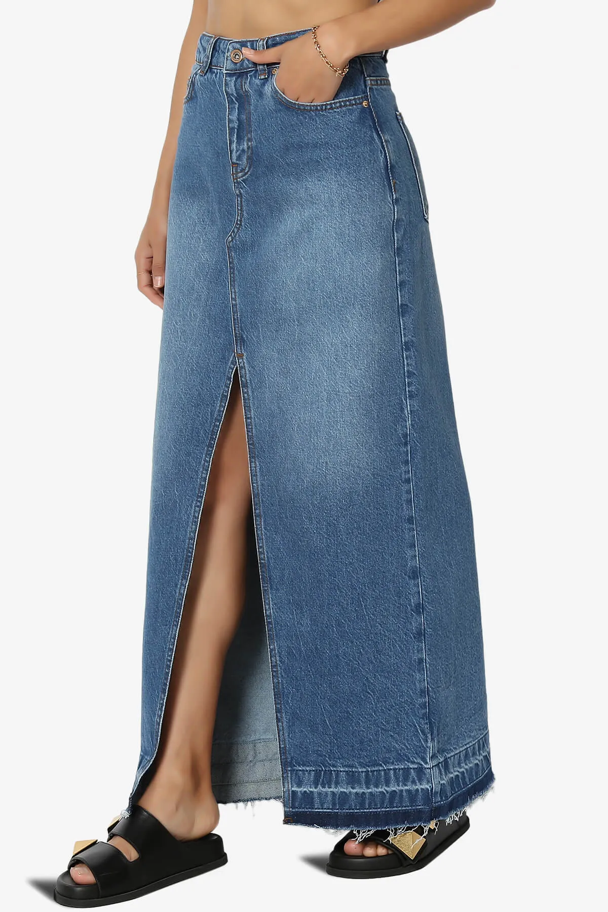 Koton Front Slit Raw Hem Denim Maxi Skirt