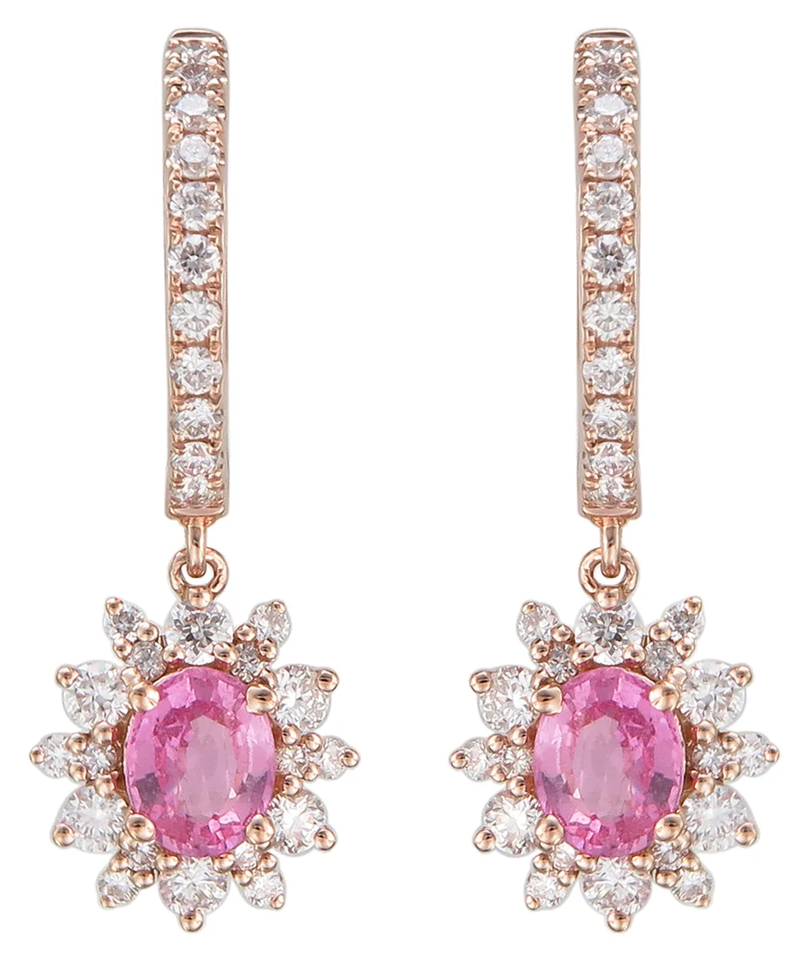 Ladies Halo Diamond and Pink Sapphire Drop Earrings