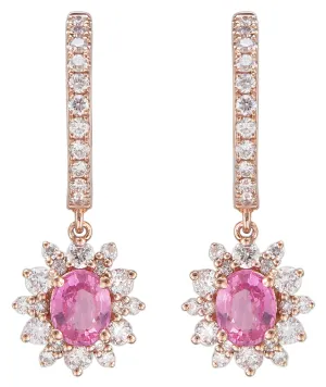 Ladies Halo Diamond and Pink Sapphire Drop Earrings