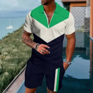 Men's Color Block Casual Shirt And Loose Drawstring Shorts Set 2408000053