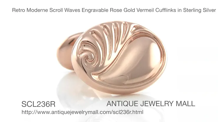 Mid Century Scroll Waves Engravable Rose Gold Plated Cufflinks in Sterling Silver