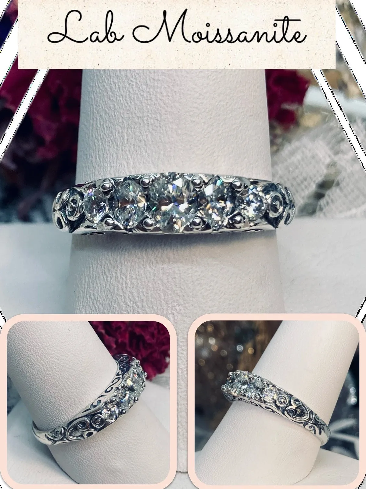 Moissanite Ring, Faux Diamond 5-stone Georgian Victorian Jewelry #D19