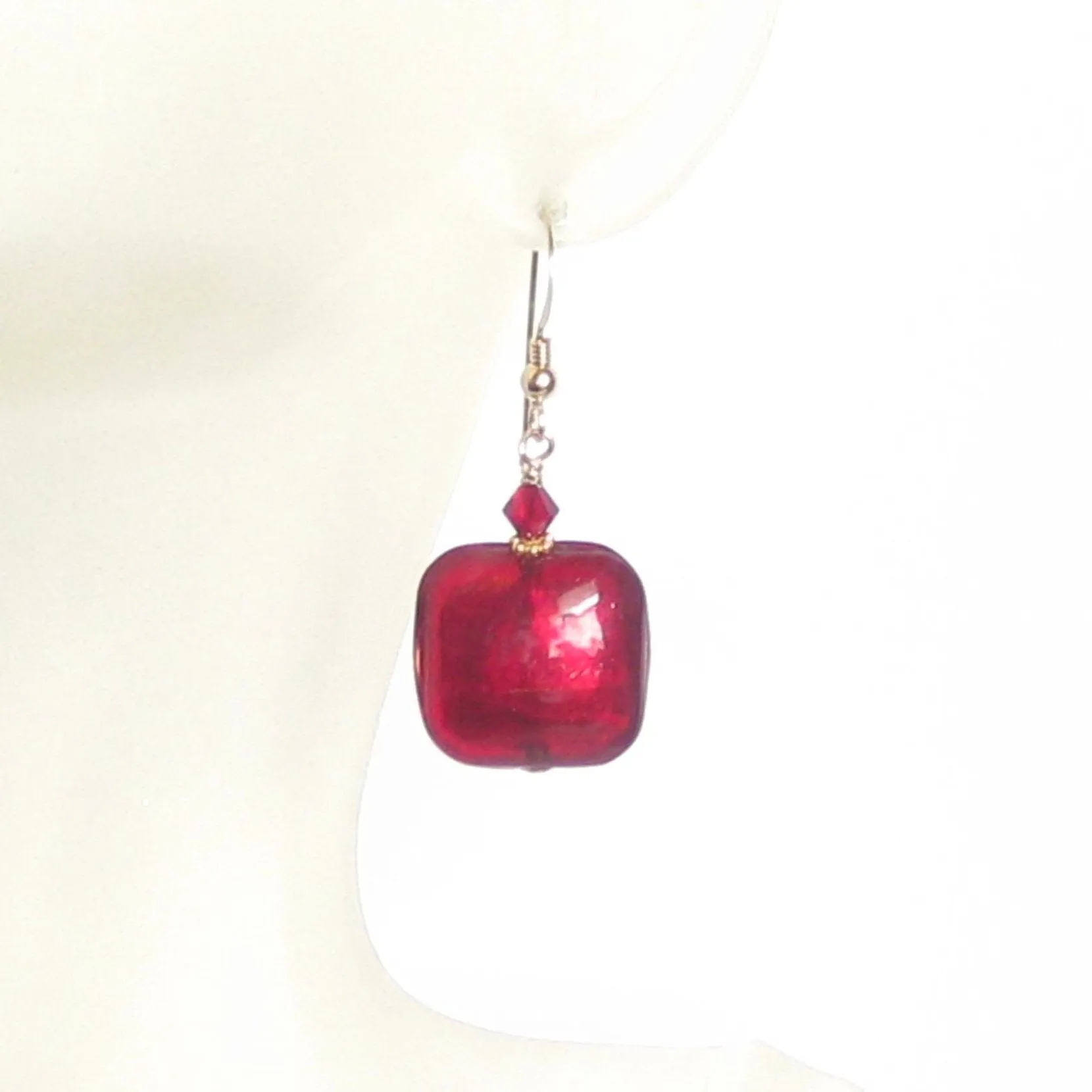 Murano Glass Red Square Gold Earrings with 24kt Yellow Gold