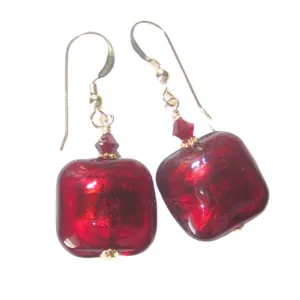 Murano Glass Red Square Gold Earrings with 24kt Yellow Gold