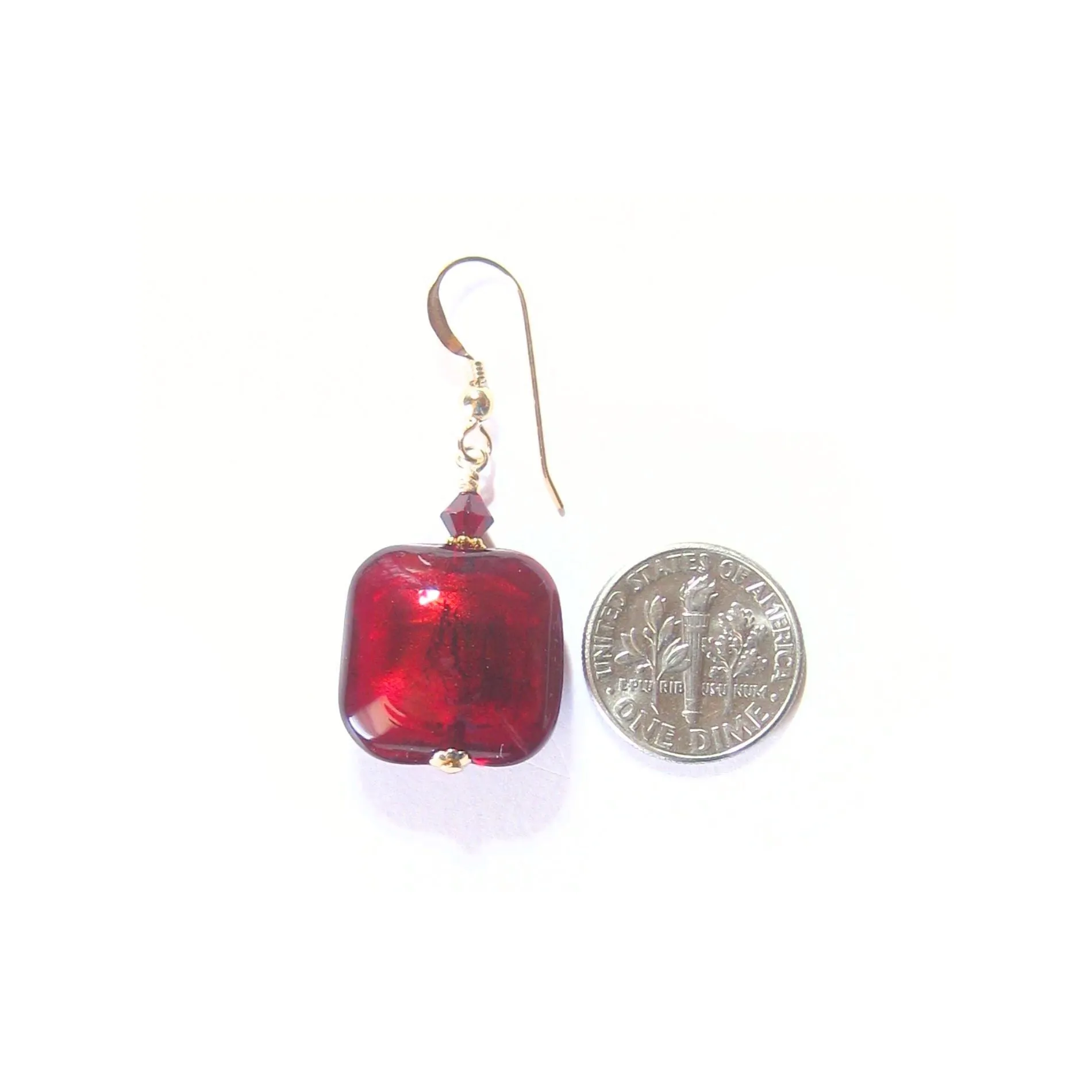 Murano Glass Red Square Gold Earrings with 24kt Yellow Gold