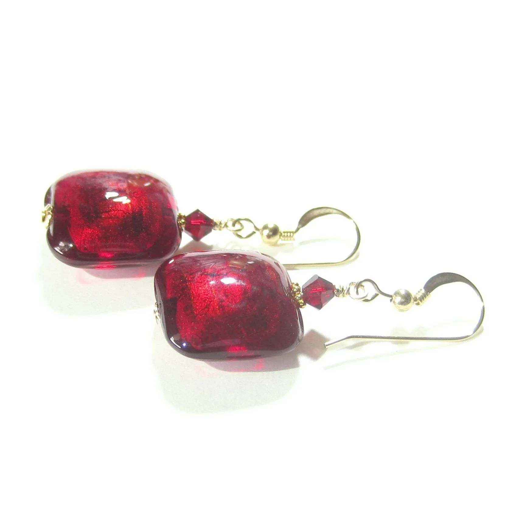 Murano Glass Red Square Gold Earrings with 24kt Yellow Gold