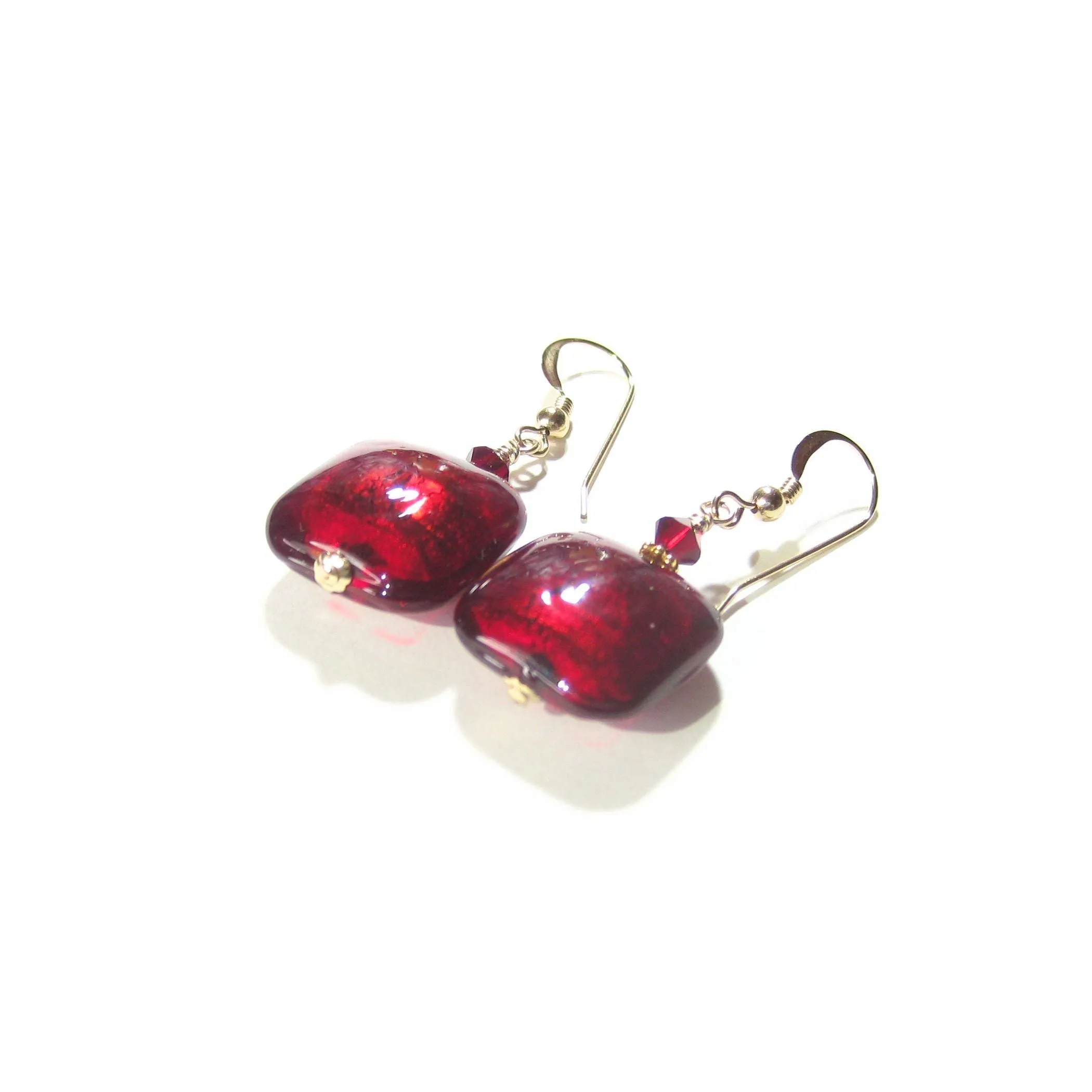 Murano Glass Red Square Gold Earrings with 24kt Yellow Gold