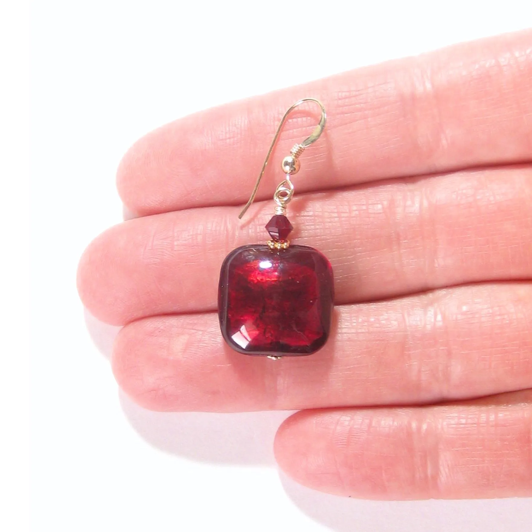 Murano Glass Red Square Gold Earrings with 24kt Yellow Gold