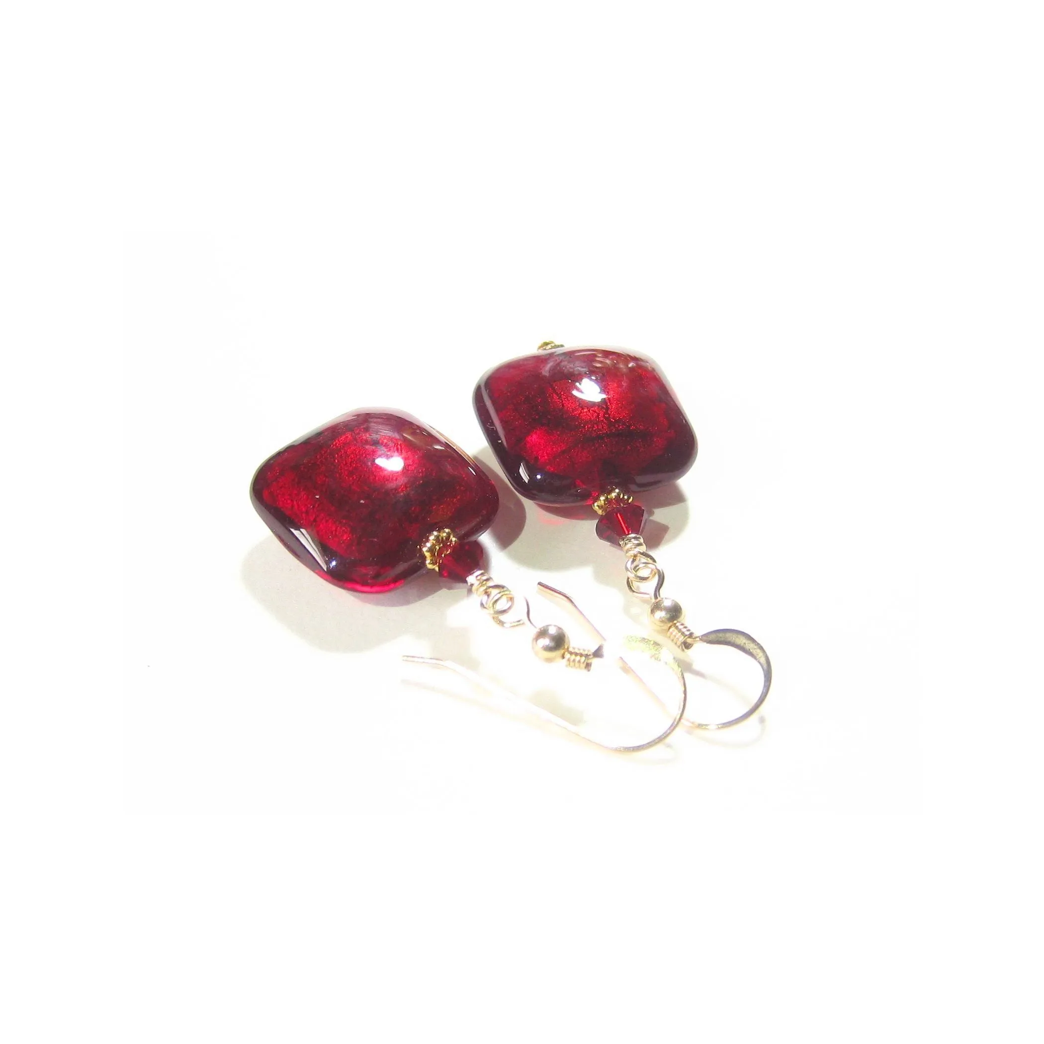 Murano Glass Red Square Gold Earrings with 24kt Yellow Gold