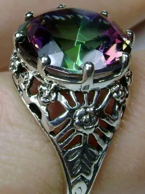 Mystic Topaz Crown Ring, Round Gem, Silver Filigree Victorian Jewelry, D08