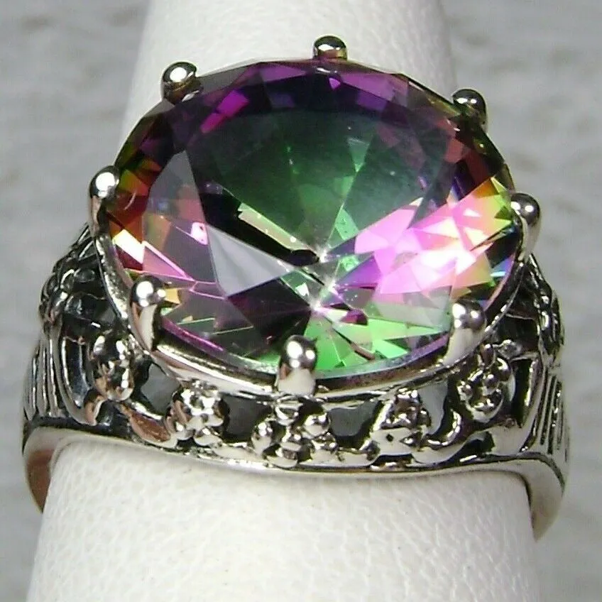 Mystic Topaz Crown Ring, Round Gem, Silver Filigree Victorian Jewelry, D08