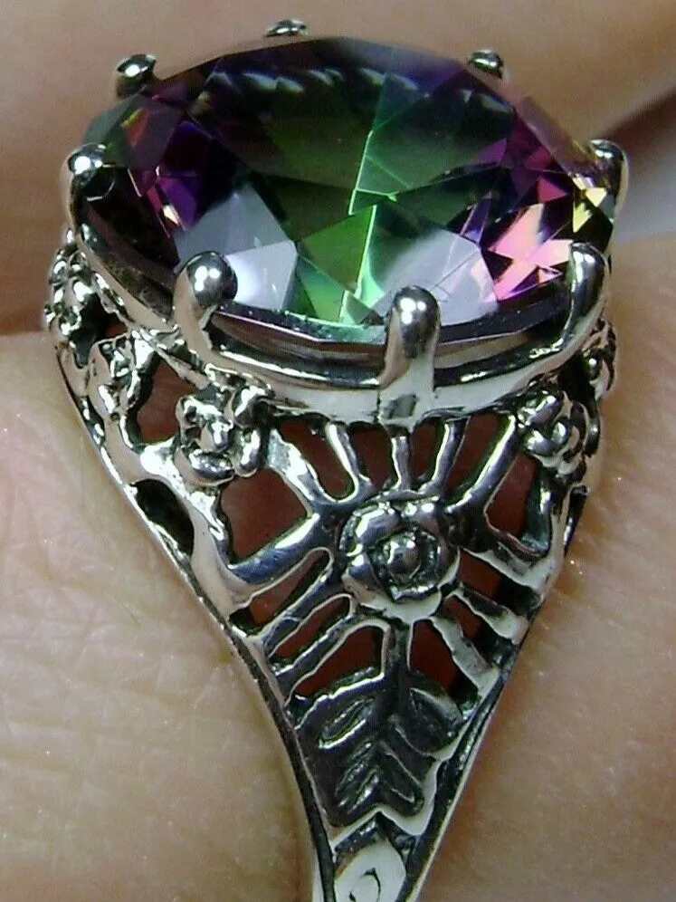 Mystic Topaz Crown Ring, Round Gem, Silver Filigree Victorian Jewelry, D08
