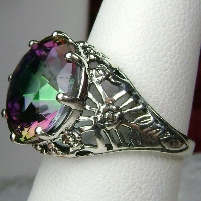 Mystic Topaz Crown Ring, Round Gem, Silver Filigree Victorian Jewelry, D08