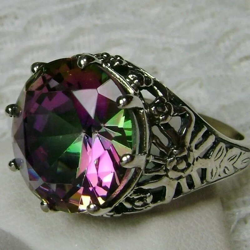 Mystic Topaz Crown Ring, Round Gem, Silver Filigree Victorian Jewelry, D08