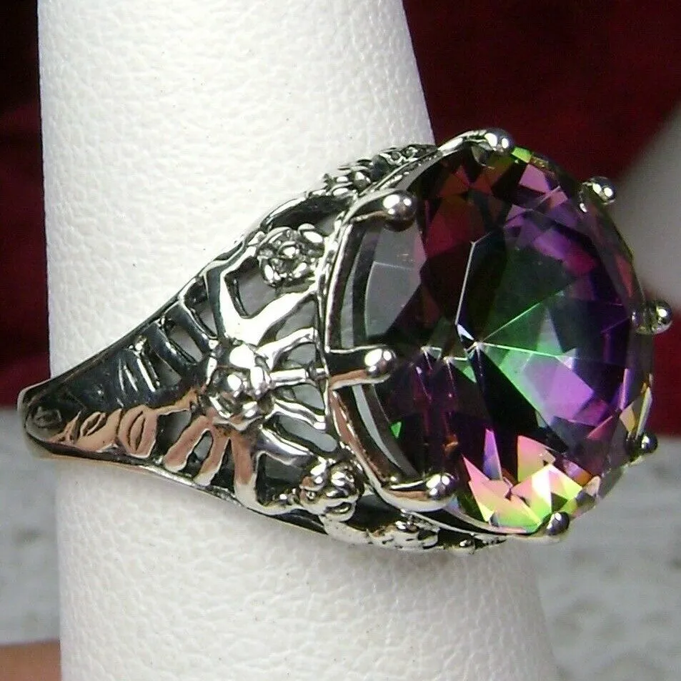 Mystic Topaz Crown Ring, Round Gem, Silver Filigree Victorian Jewelry, D08