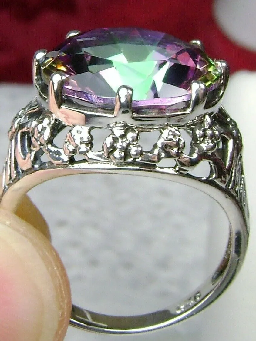 Mystic Topaz Crown Ring, Round Gem, Silver Filigree Victorian Jewelry, D08