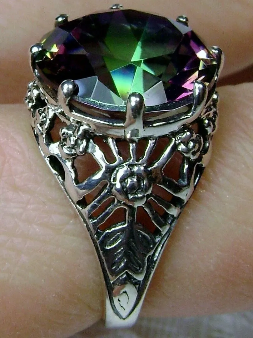 Mystic Topaz Crown Ring, Round Gem, Silver Filigree Victorian Jewelry, D08